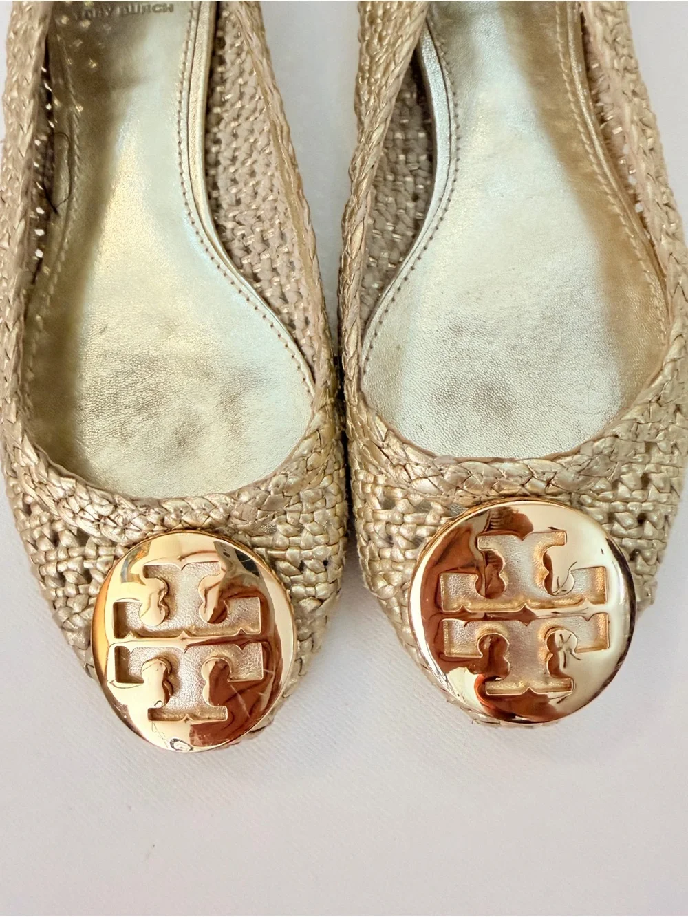 Tory Burch Reva gold metallic wovem raffia ballet flats